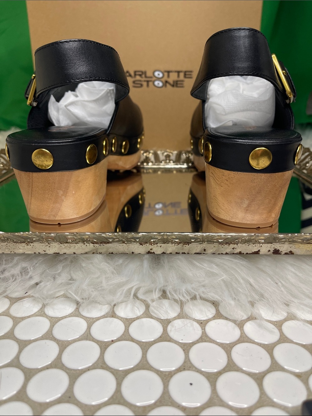 Charlotte Stone Jona Black Leather Studded Slingback Platform Clogs-w/box & tote - Picture 8 of 14